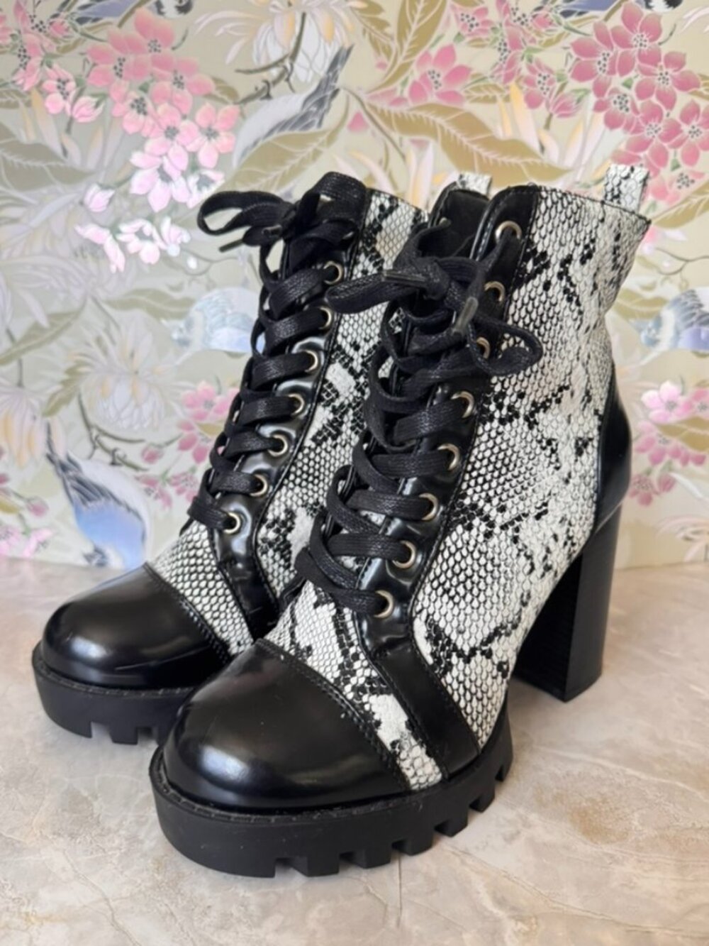 Wild Diva Snake Print Heeled Combat Boot